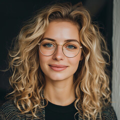 Obraz premium Radiant Elegance: Portrait of a Blonde Woman with Cascading Curls and a Captivating Smile - A Stunning Glimpse of Graceful Beauty and Model-like Charisma - Generative AI