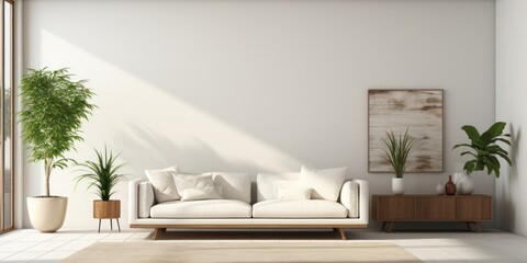 White Couch and Potted Plants in a Minimalist Living Room Generative AI