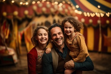 Naklejka premium Father with his daughters in front of a circus tent. Concept of fun