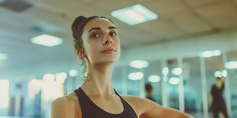 Um retrato de uma bailarina em um momento de reflexão, cercada por espelhos em um estúdio de dança, destacando a graça e força inerentes à arte da dança. - obrazy, fototapety, plakaty