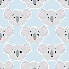 Cute gray koala heads in a seamless pattern on a blue background