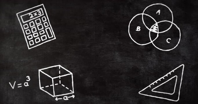 Animation of mathematics concept icons against black chalkboard background with copy space