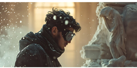 Uma fotografia de perfil de um escultor usando óculos de proteção, esculpindo uma figura maior do que a vida a partir de um bloco de mármore, partículas de poeira no ar