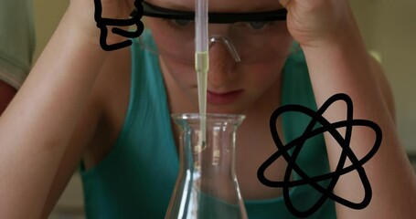 Animation of scientific drawings over caucasian schoolgirl in laboratory - Powered by Adobe
