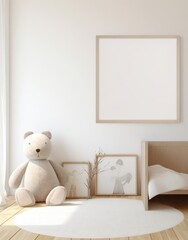 Teddy Bear Sitting in Room With Picture Frame on Wall - Adorable Generative AI