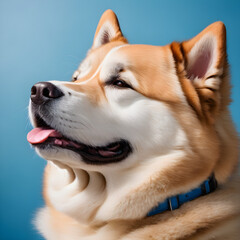 Smiling akita dog with happy expression. and closed eyes. Isolated on blue colored background.
