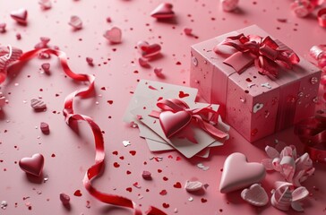 an image of a present, cards, hearts, and ribbon on a pink background,
