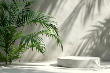 Minimal scene with white podium and palm leaves.