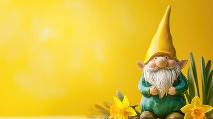 Sales banner with cute little ceramic gnome with spring decoration,fee copy space