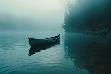 a small canoe is seen floating in the water mist