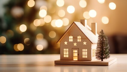 a wooden house model on a wooden table with greenery