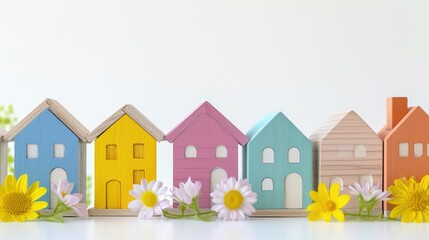 Sales banner with spring colorful wooden houses, free copy space