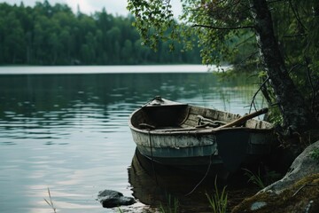 Naklejka na ściany i meble a row boat docked on a lake with trees and water,