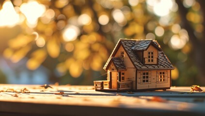 a wooden model of a house sitting on a wooden table