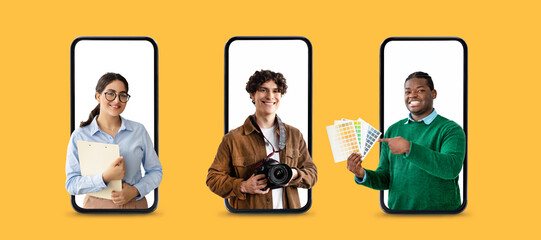 Cheerful professionals displayed in smartphone screens: administrator, photographer and designer
