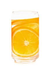 Glass of infused water with orange slices on white background