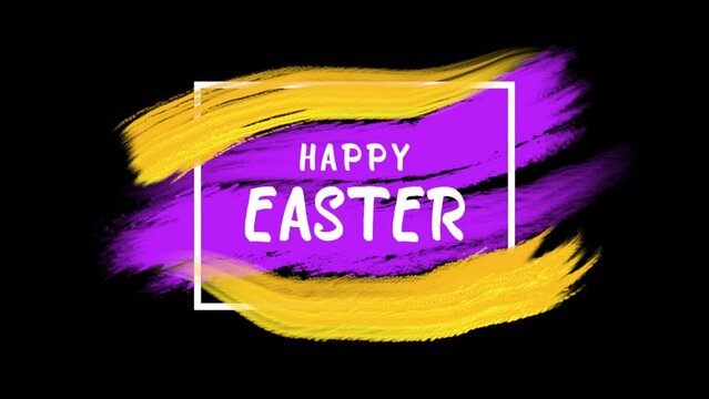 Vibrant brush strokes in yellow and purple create a striking Easter-themed image with the words Happy Easter boldly written