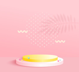 Round podium for sweet or cosmetic promo on pink background with shadow of tropical leaf.Template for display new products.Pedestal for promotions,presentations.Minimal composition.Vector illustration