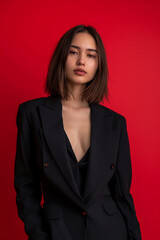 a woman in a black suit posing for a picture on isolated red background