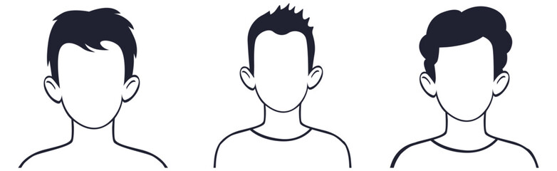 Fototapeta premium Profile of young man without face. Avatar web model character with different hairstyles and modern clothes and vector design