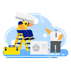 Cartoon of  the  air  conditioner technician  service activities.