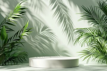 Obraz premium 3d render of minimal product display podium with palm leaves shadow