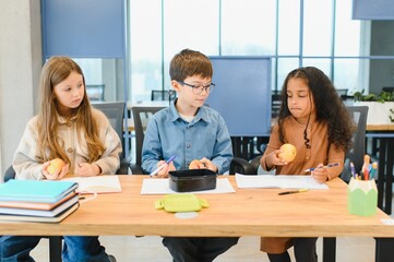 Multiracial schoolchildren having lunch at the desk during a break in school
