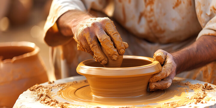 Uma imagem serena com um oleiro no torno, moldando argila em um belo recipiente. A cena transmite a natureza meditativa e prática da cerâmica como uma forma de arte tradicional.