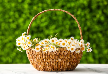 Fototapeta na wymiar Wicker basket with beautiful chamomile flowers on white table outdoors