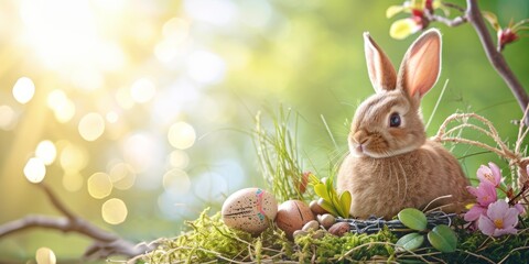 Fototapeta na wymiar Easter card with bunny and eggs Generative AI