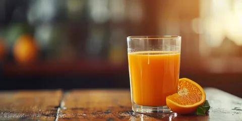 Fototapeten orange juice on wooden table Generative AI © València