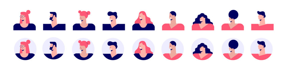 Male and female flat avatars. Character ugly heads with trendy hairstyles for web user portraits and social vector design