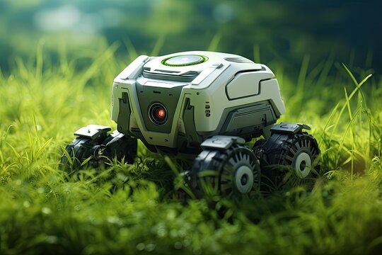 A small, futuristic robotic vehicle explores a vibrant, green, grassy field.