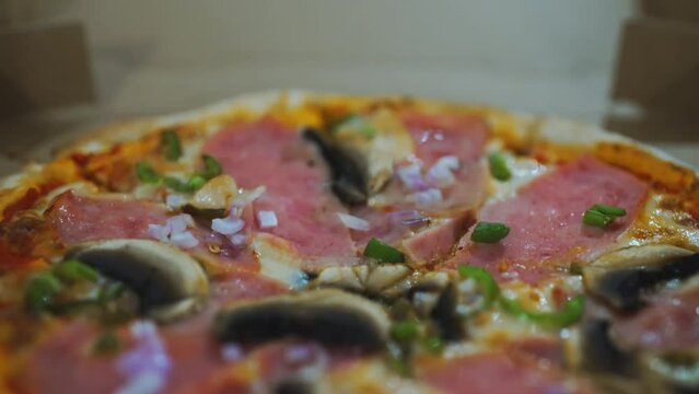 Pizza Mortadella with Champignons on yeast-free dough.