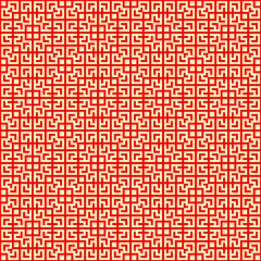 Seamless Chinese window tracery pattern. Repeated stylized red squares on yellow background. Symmetric geometric abstract wallpaper. Trellis motif. Digital paper, textile print. Vector illustration