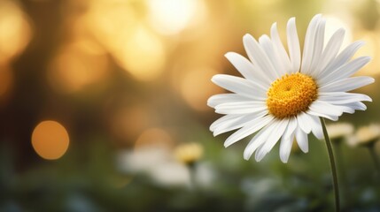 A close up of a white daisy flower with a yellow center. Copy-space, place for text. - Powered by Adobe