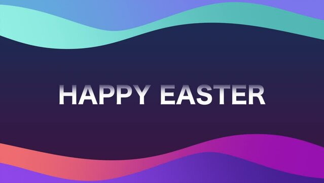 An abstract wave pattern adorned with vibrant purple, blue, and pink hues, forming the words Happy Easter at its center. The dynamic flow of colors exudes a joyful and festive vibe
