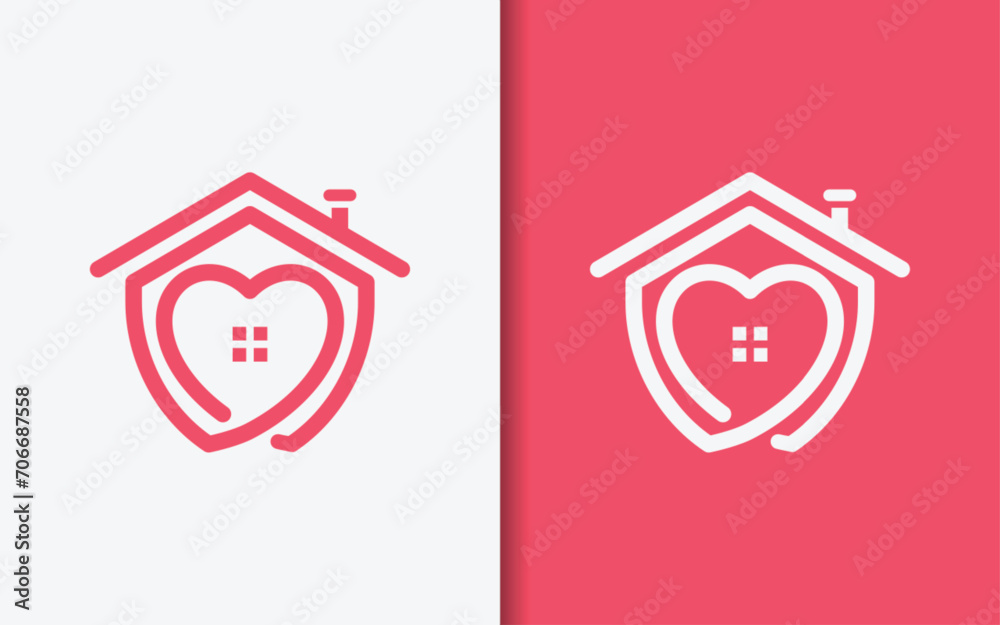 Poster simple minimalist house symbol design combined with love and emblem shield shape design concept. vec