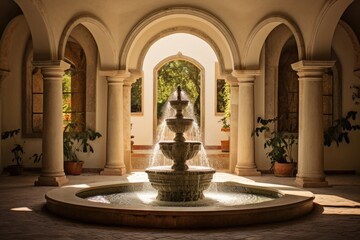 A tranquil fountain under sunlight, nestled amidst arches and adorned with potted plants. A serene, sunlit scene.
