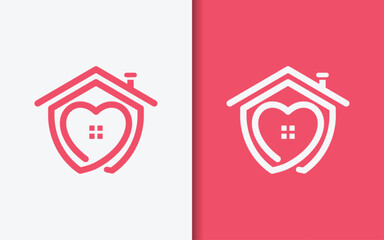 Simple Minimalist House Symbol Design Combined with Love and Emblem Shield Shape Design Concept. Vector Symbol Illustration.