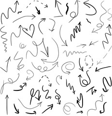 Vector set of drawn arrows. Sketch of doodles. Arrows are curved and straight, with solid and dotted lines. Collection of pointers. Isolated on white background.