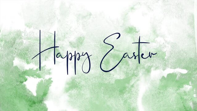 A vibrant watercolor painting with a blend of blue and green splashes. Happy Easter is written in black cursive