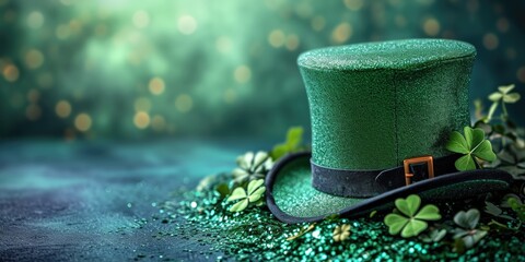 A green top hat sitting on top of a green table. St Patrick's Day wallpaper background with copy-space.