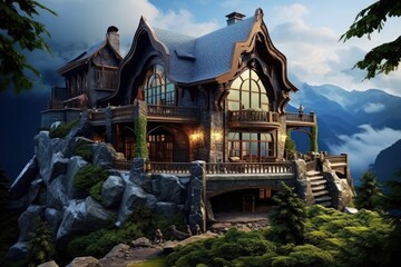 Obraz premium A majestic house on a rocky hill, surrounded by lush greenery, overlooking misty mountains under a cloudy sky.