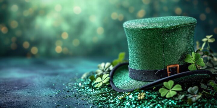 A green top hat sitting on top of a green table. St Patrick's Day wallpaper background with copy-space. © tilialucida