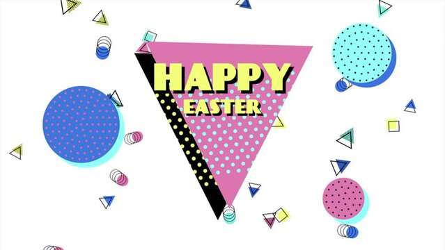 A vibrant triangle bursts with colorful shapes, radiating joy and freshness. Happy Easter is written in the center, ushering in the festive spirit