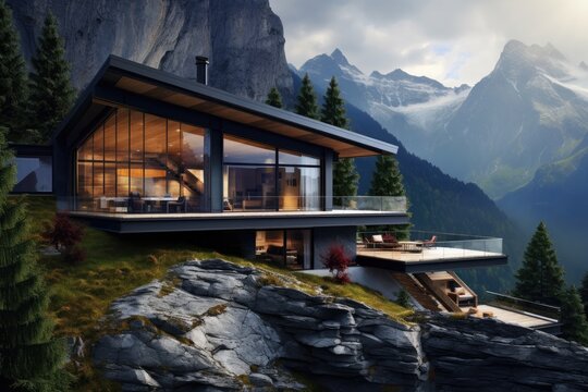 A Modern, Luxurious House With Large Windows, Nestled In Mountains Amidst Lush Greenery, Under A Partly Cloudy Sky.