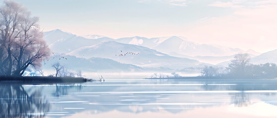Uma pintura de paisagem serena retratando uma cena tranquila com montanhas, um lago reflexivo e uma paleta de cores suaves e pastéis.