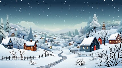Christmas village snow trees winter scenery illustration