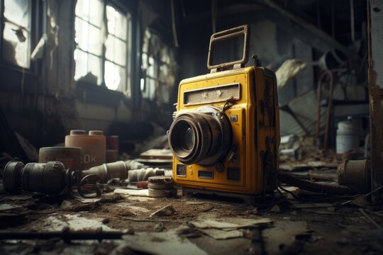 A vintage yellow camera lies amidst debris in an abandoned, dilapidated room with broken windows.